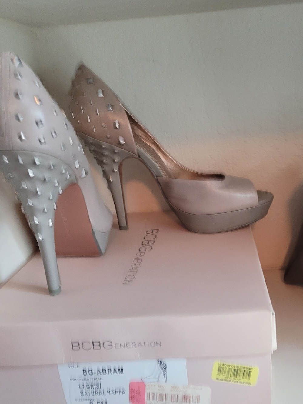 BCBGeneration Taupe Studded Peep-Toe Platform Pumps